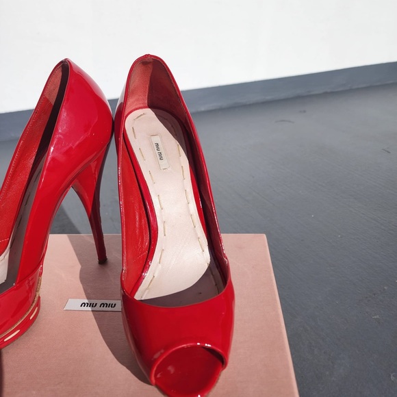 Miu Miu Red Patent Leather Open Toe Pumps Heels 👠 - Picture 8 of 10
